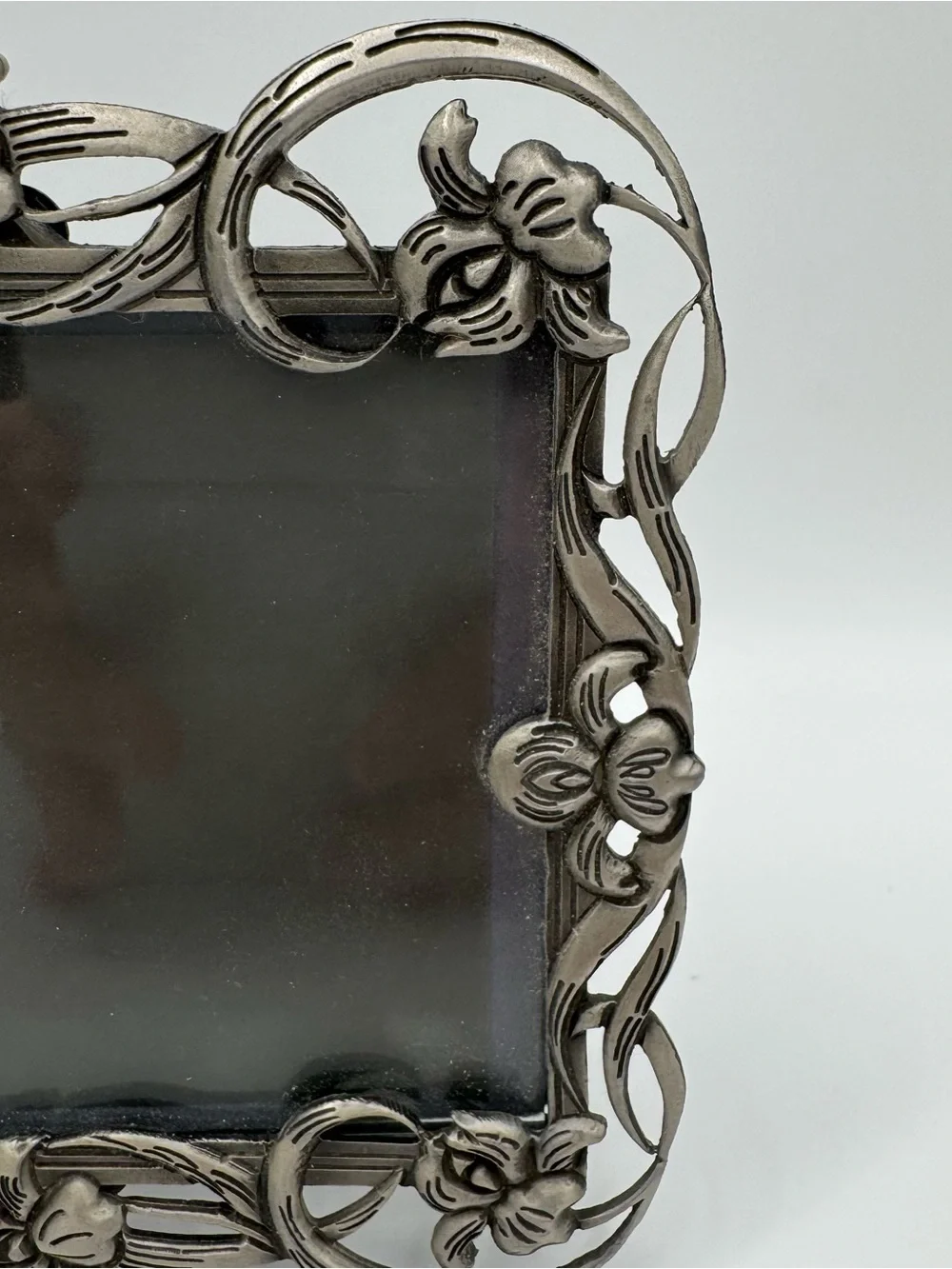Vintage Filigree Metal Picture Frame 3x5 Orchid Flower Silver Pewter Art Nouveau